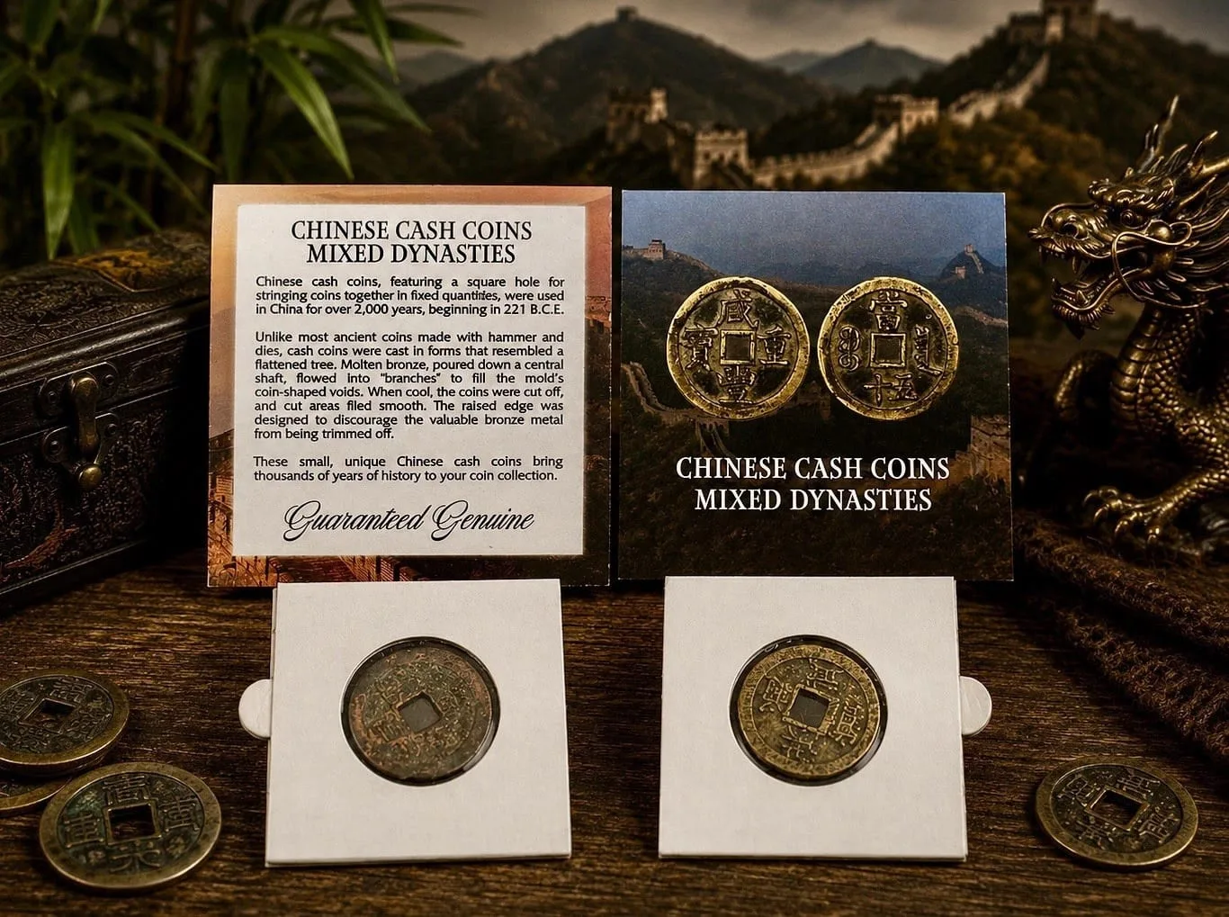 Chinese cash coin set styled on wood with a bronze dragon, pairing an information card with two encapsulated coins