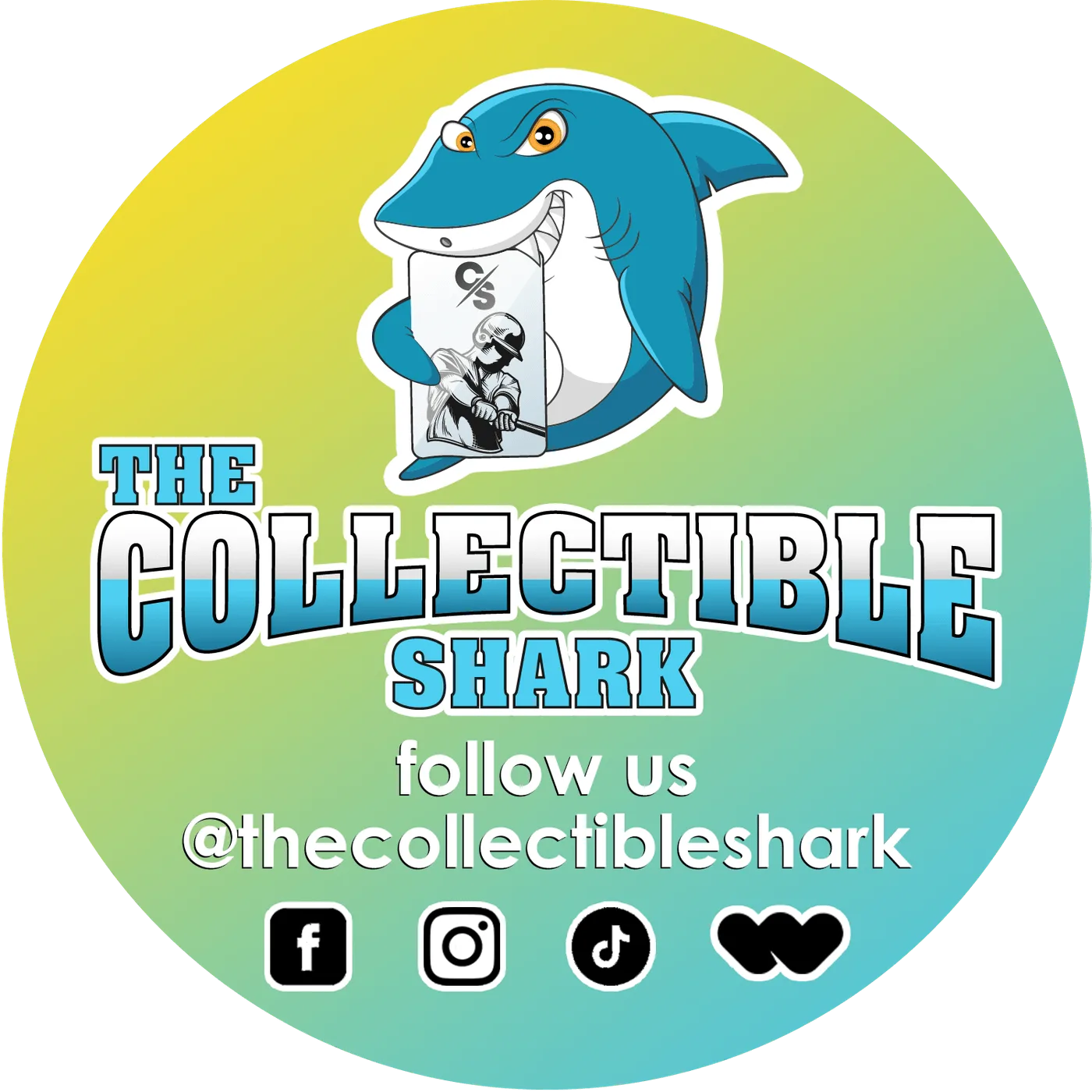 Circular follow-us sticker with the mascot, the shop handle and Facebook, Instagram, TikTok and Whatnot icons