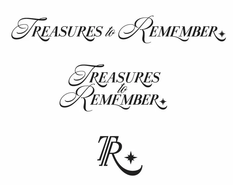 Three logo lockups together: the one-line wordmark, the stacked wordmark and the TR monogram