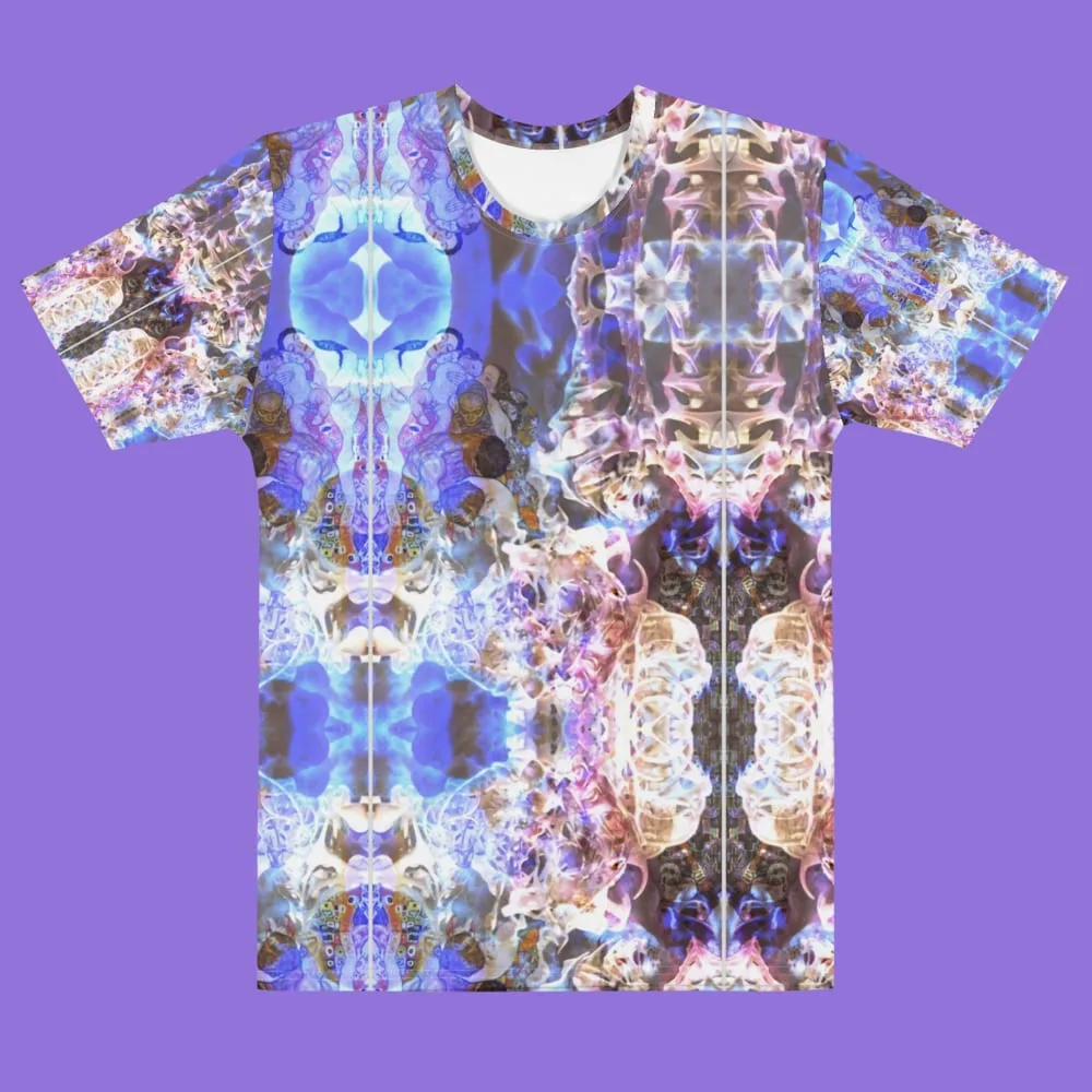 All-over-print tee of kaleidoscopic mirrored photo collage in blue, violet and blush