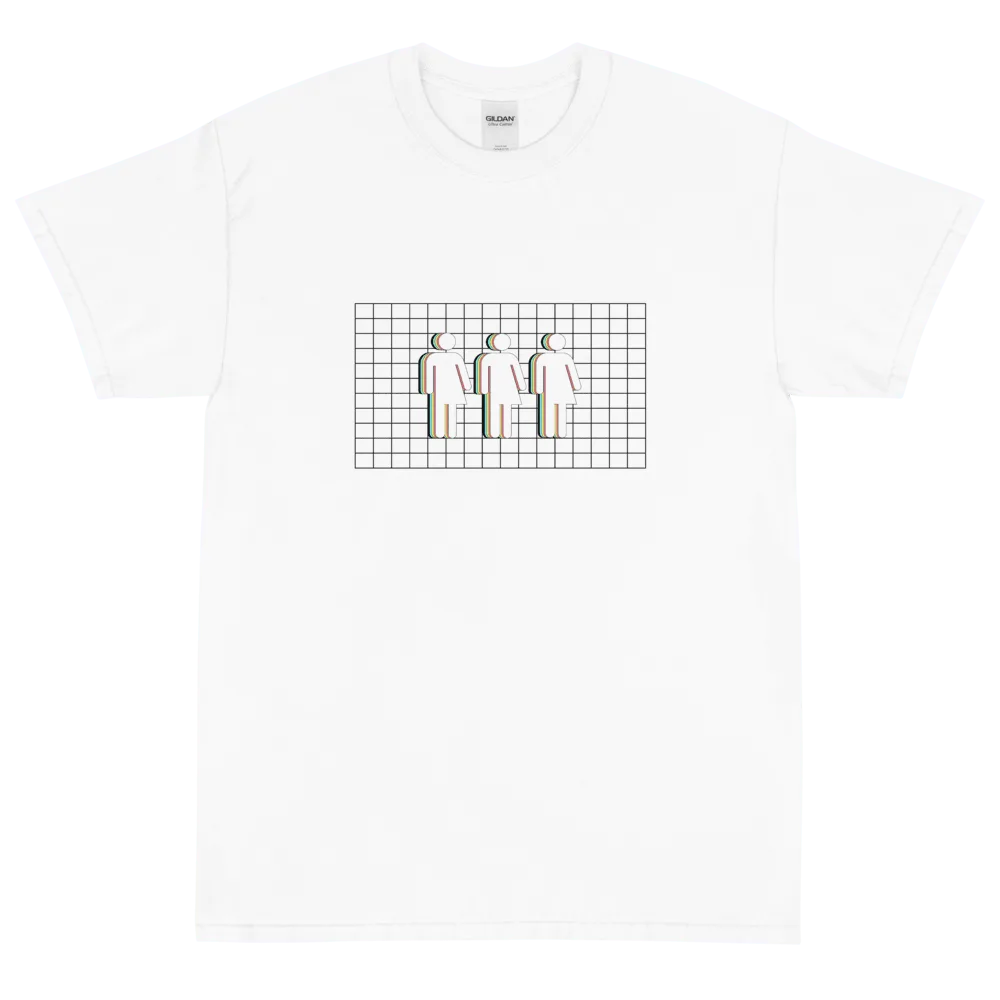 White tee with a small chest print of three pictogram figures standing on a black grid