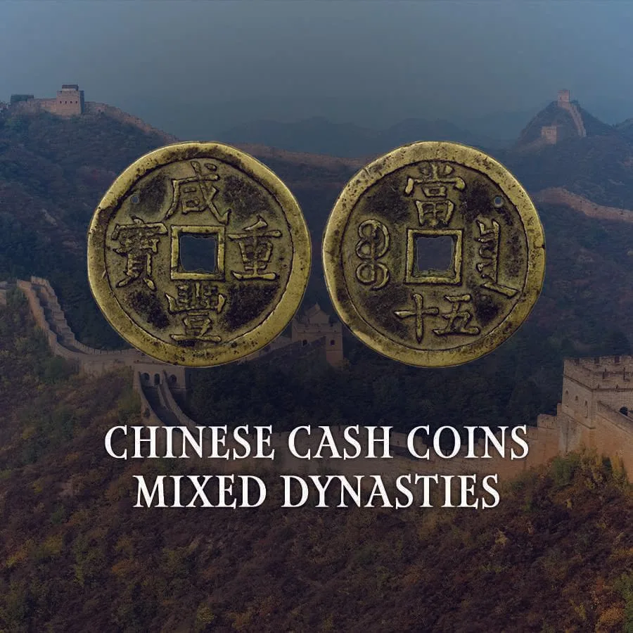 Display card for the cash coin set, two square-holed bronze coins over a misty Great Wall photograph