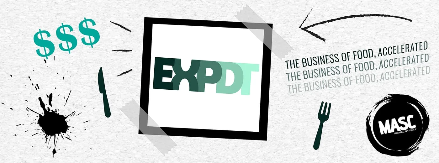 EXPDT collage with the framed logo, its repeated tagline and the MASC mark on speckled grey paper