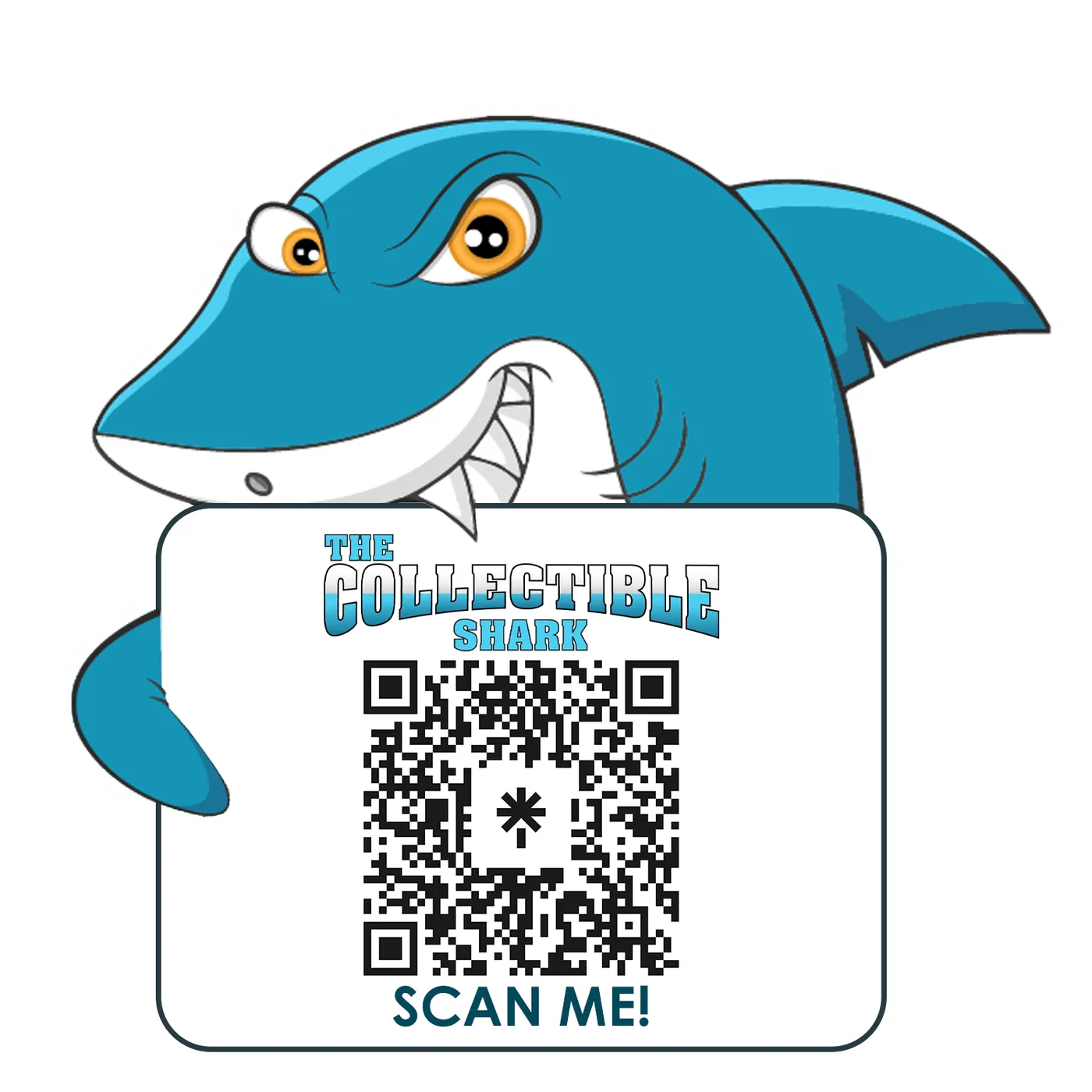 Die-cut sticker of the shark mascot holding a QR code card captioned Scan Me