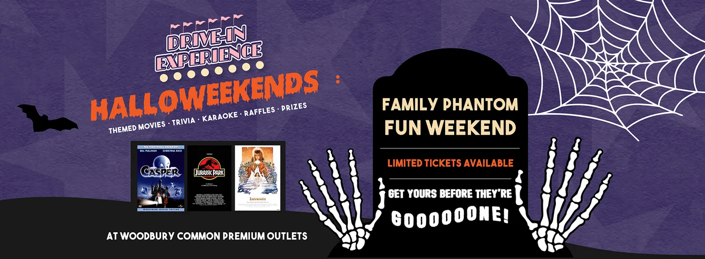 Halloweekends banner listing themed movies, trivia, karaoke, raffles and prizes, with film posters and a gravestone framed by skeleton hands
