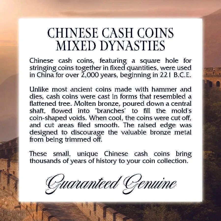 Information card for the cash coin set, explaining their casting and history over a Great Wall sunset