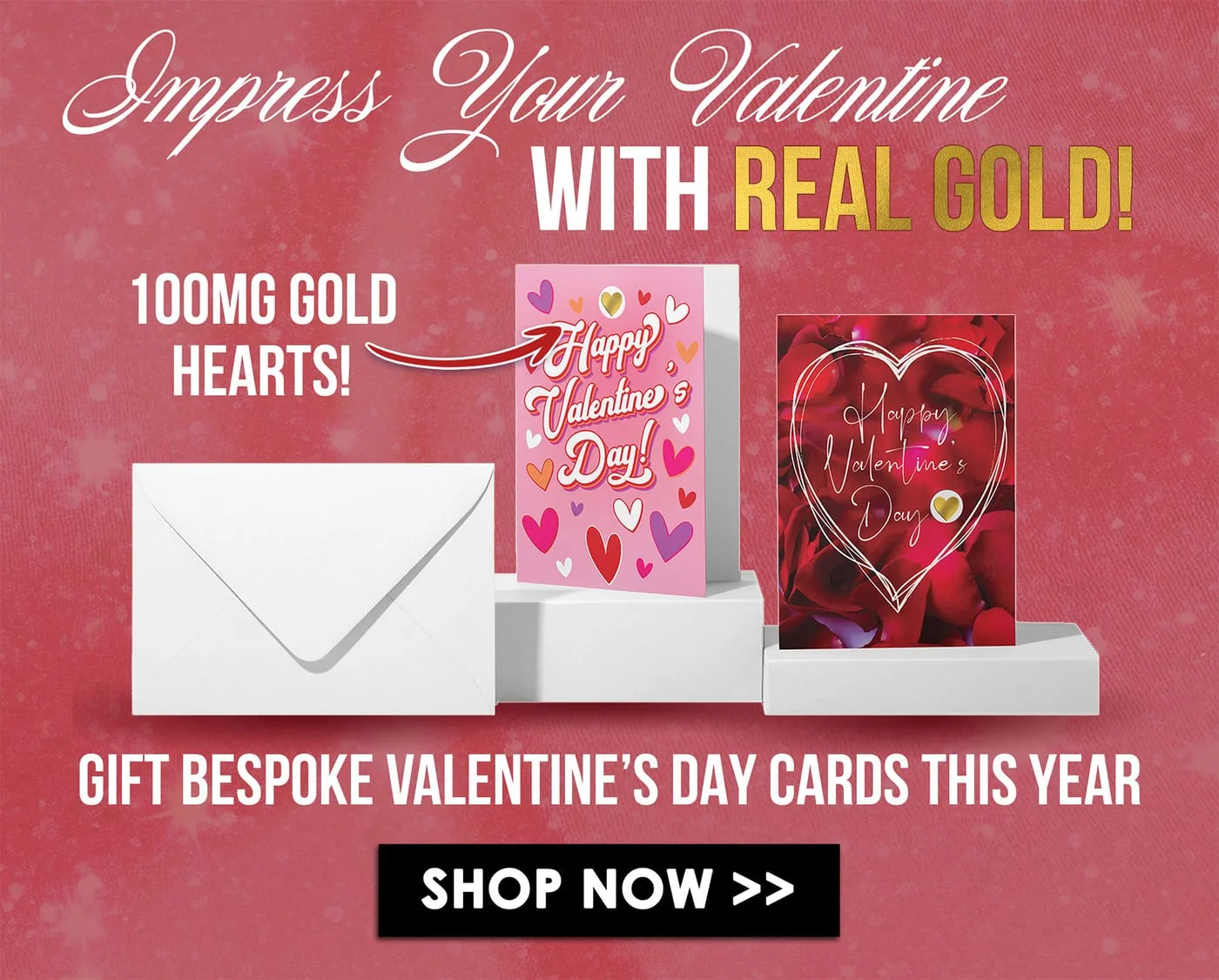 Portrait version of the Valentine's banner, script headline above the two card designs and a shop now button