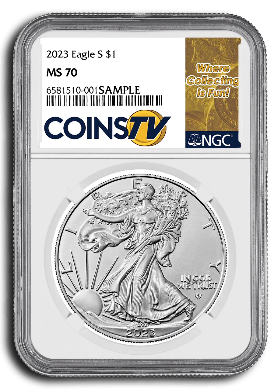 Grading-slab label mockup on white, pairing the coin details and barcode with a retailer logo and gold end panel