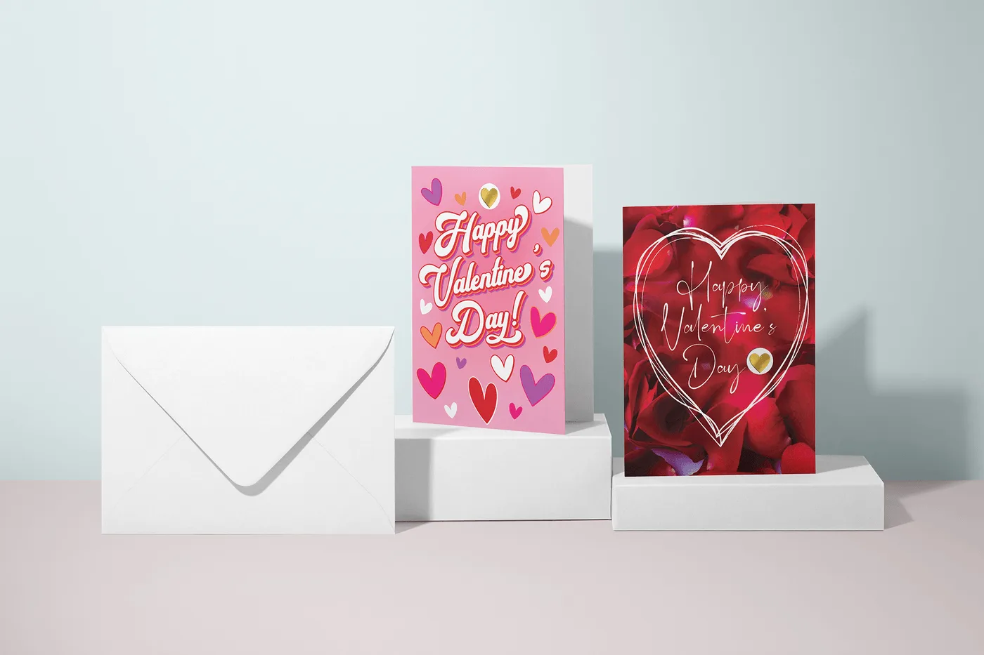 Studio product shot of the two Valentine's cards raised on white plinths beside an envelope