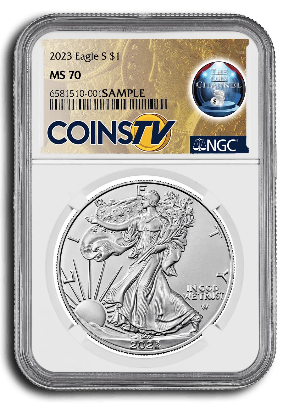 Label variant running a gold Morgan-dollar field behind the type, with a second broadcaster co-brand added