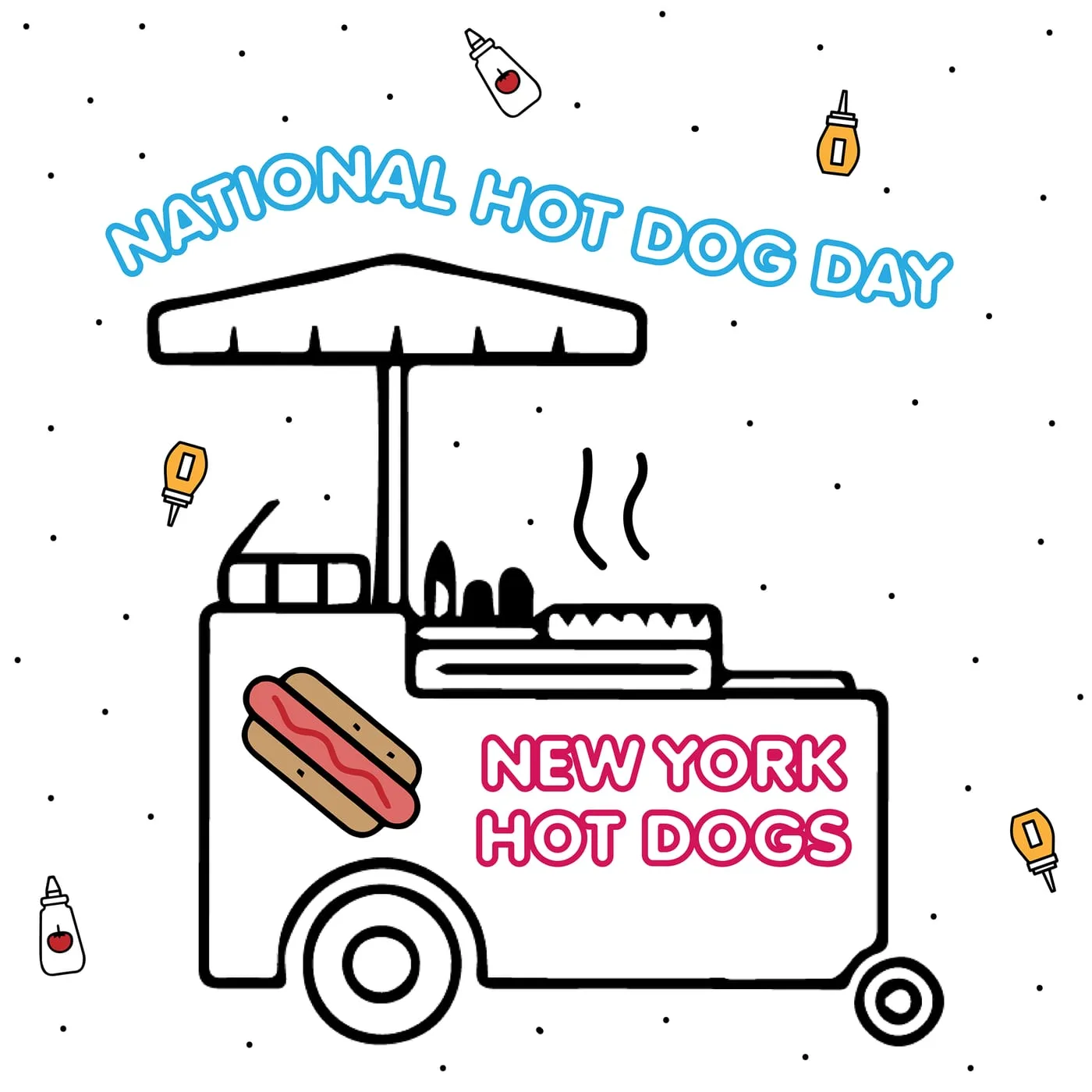 Square National Hot Dog Day post, the vendor cart drawn in outline under an arc of blue lettering