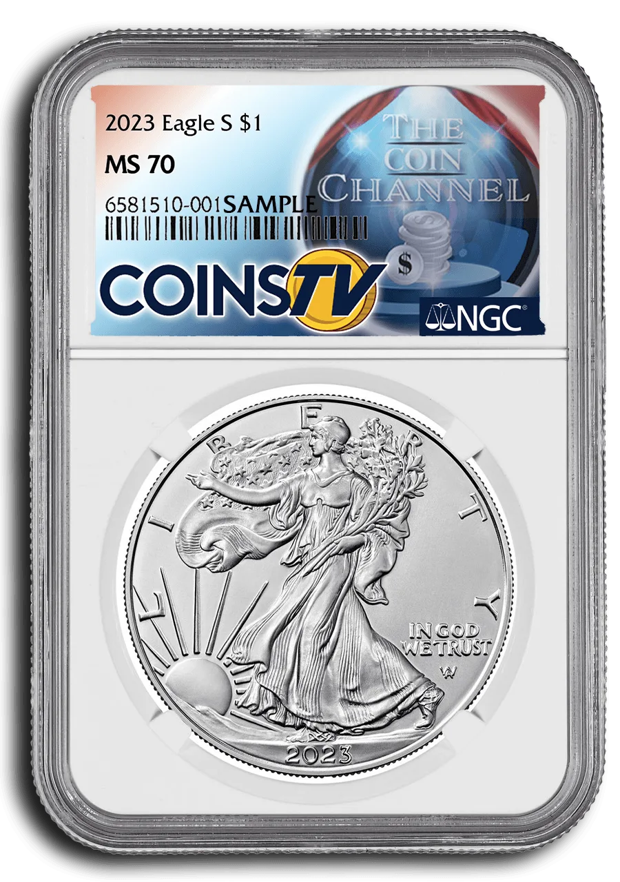 Label variant carrying the broadcaster artwork full-bleed across the panel behind the coin details
