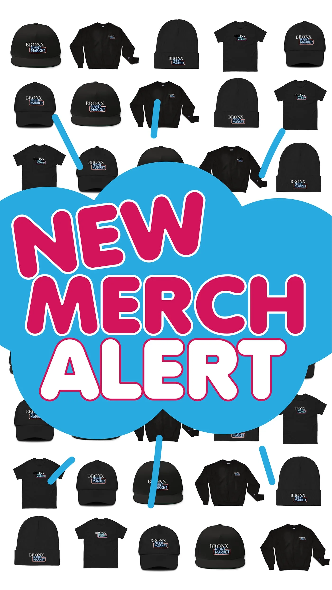 New merch alert slide, the announcement set in a blue cloud over a grid of branded caps, beanies, tees and crewnecks