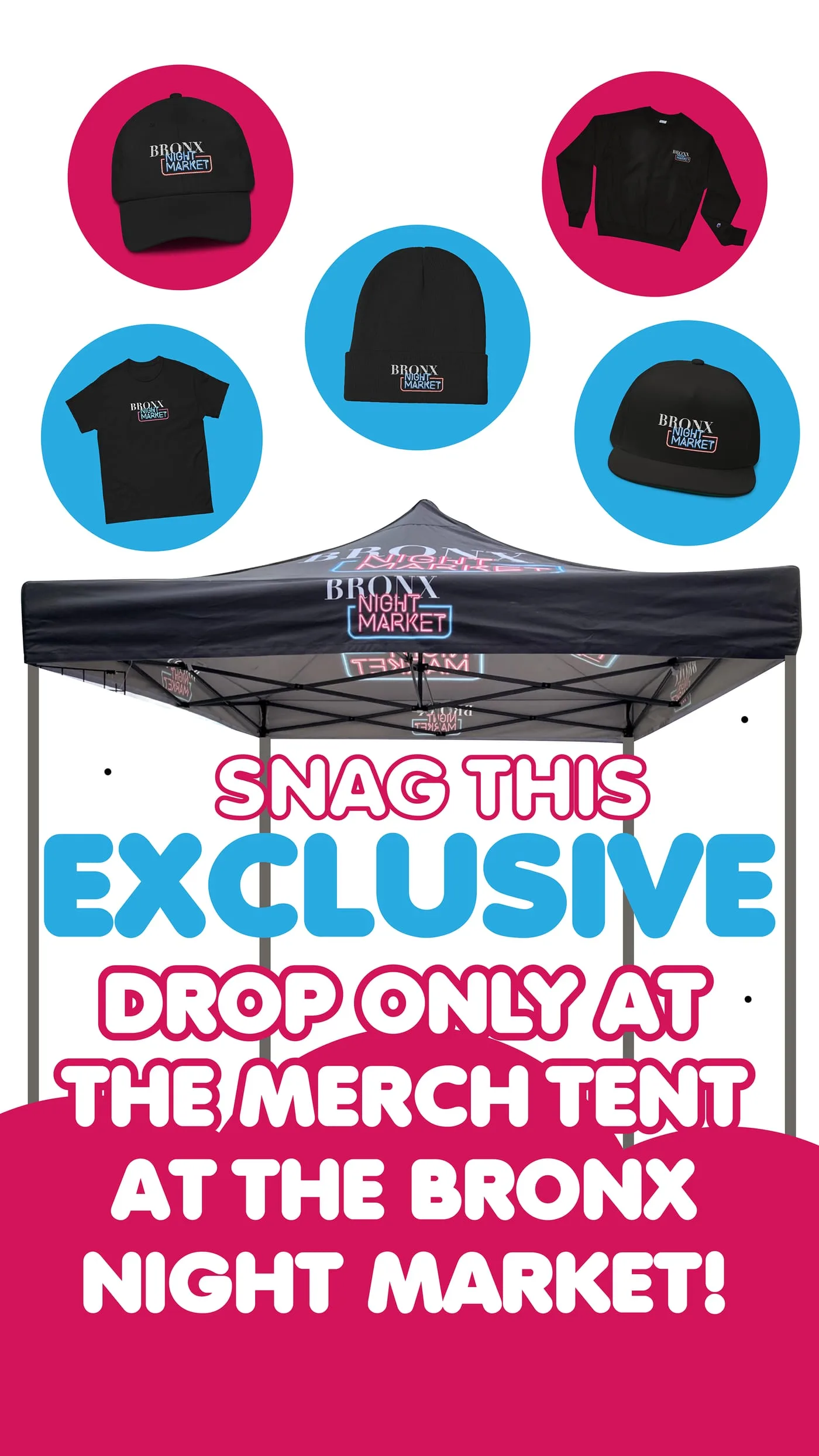 Merch drop slide with caps, beanie, tee and crewneck in pink and blue circles above a branded event tent