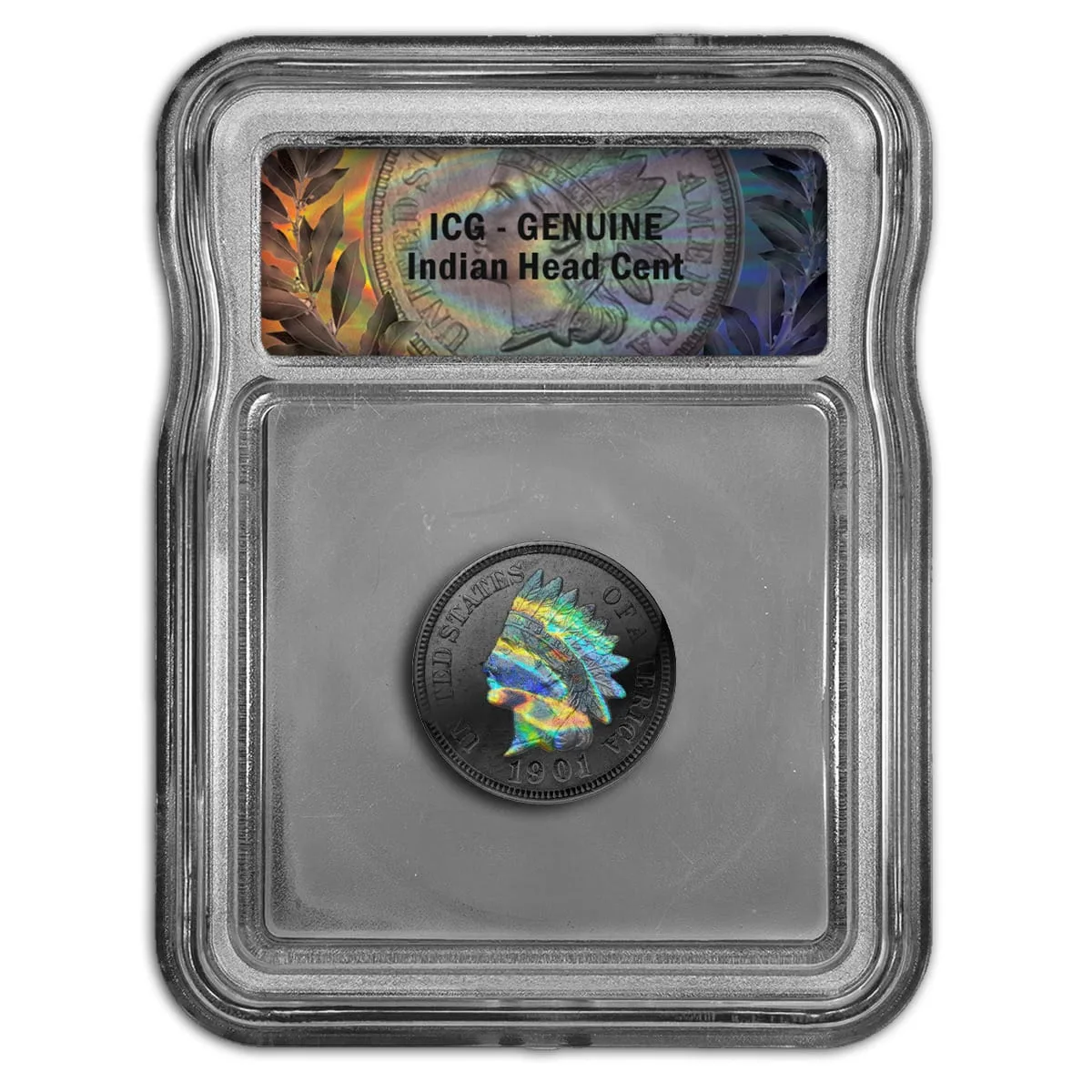 Slab label mockup with an iridescent holographic band, holding a rainbow-toned Indian Head cent