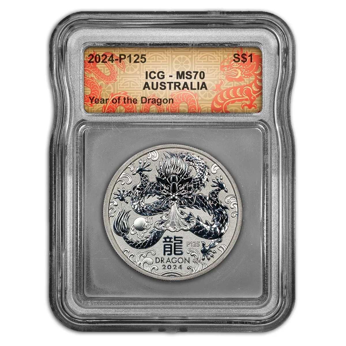 Lunar-themed label mockup on a red and gold dragon-patterned band, holding an Australian Year of the Dragon coin