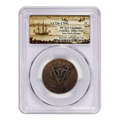 Label mockup banded with a colonial harbour engraving, holding a corroded copper Dutch East Indies duit