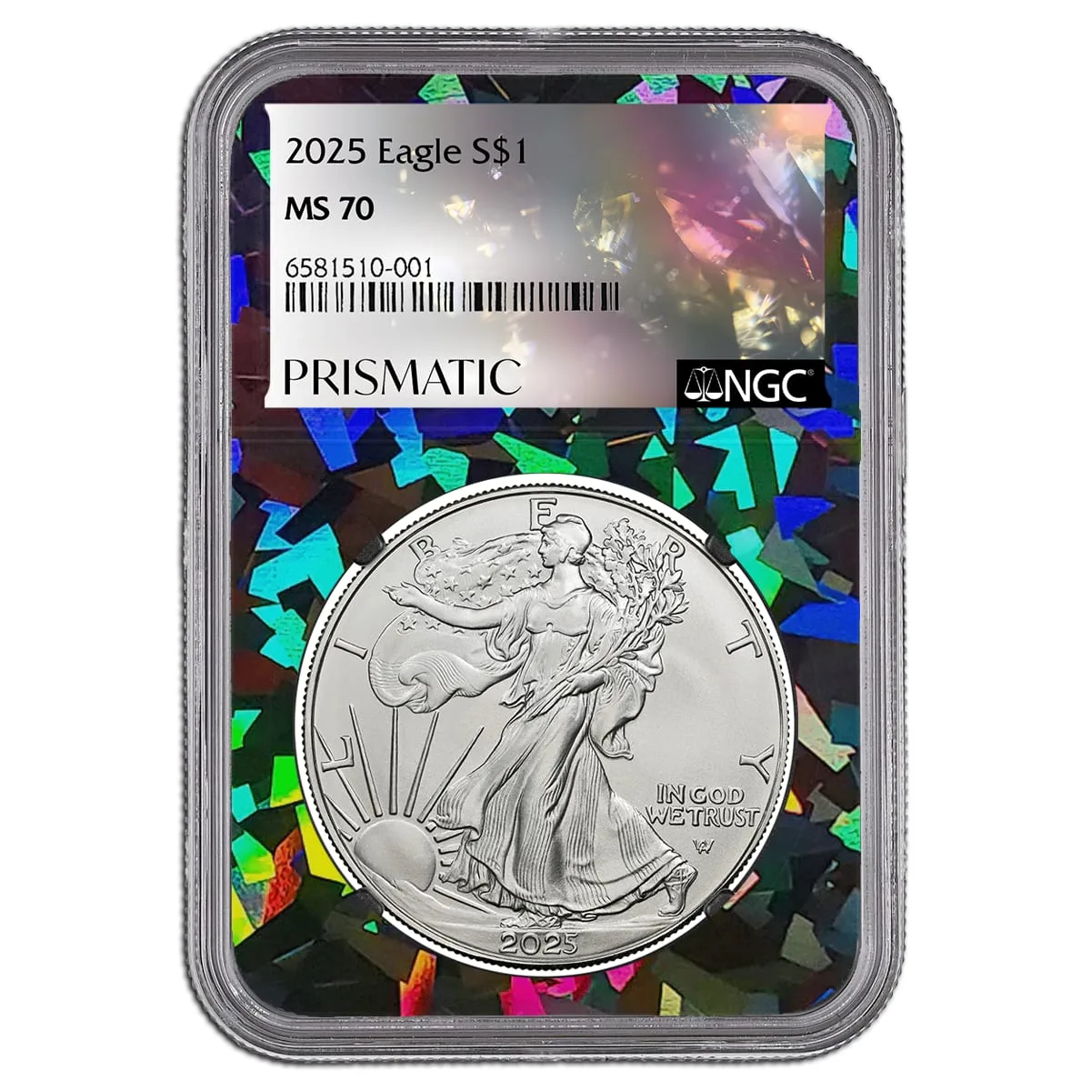 Prismatic label mockup, the coin and label both set against shattered holographic foil