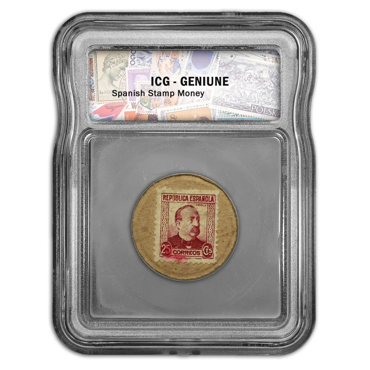 Label mockup banded with a collage of world postage stamps, holding a Spanish stamp-money disc