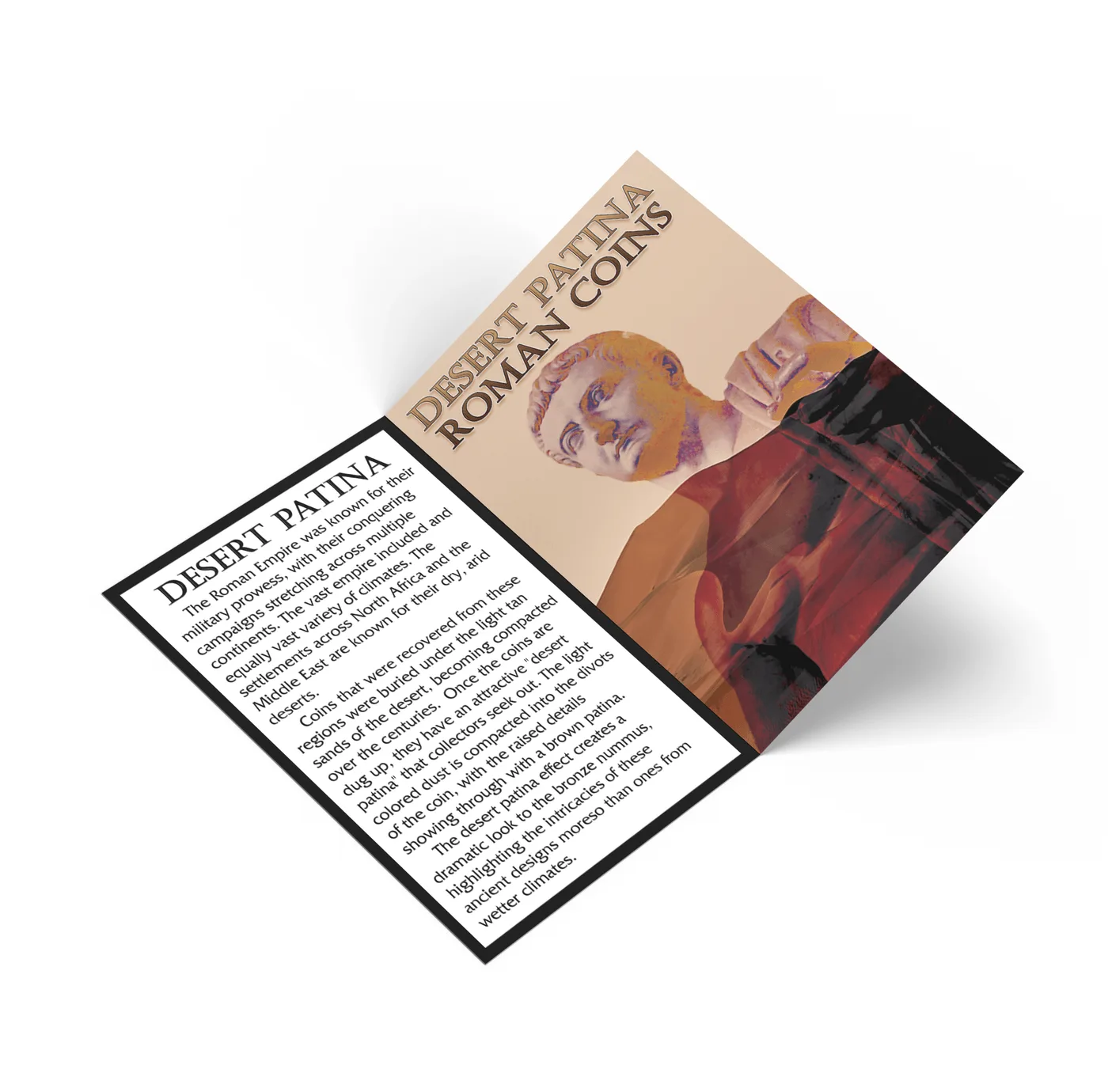 Folded story card for Roman coins, its cover a duotone emperor bust in tan, purple and red