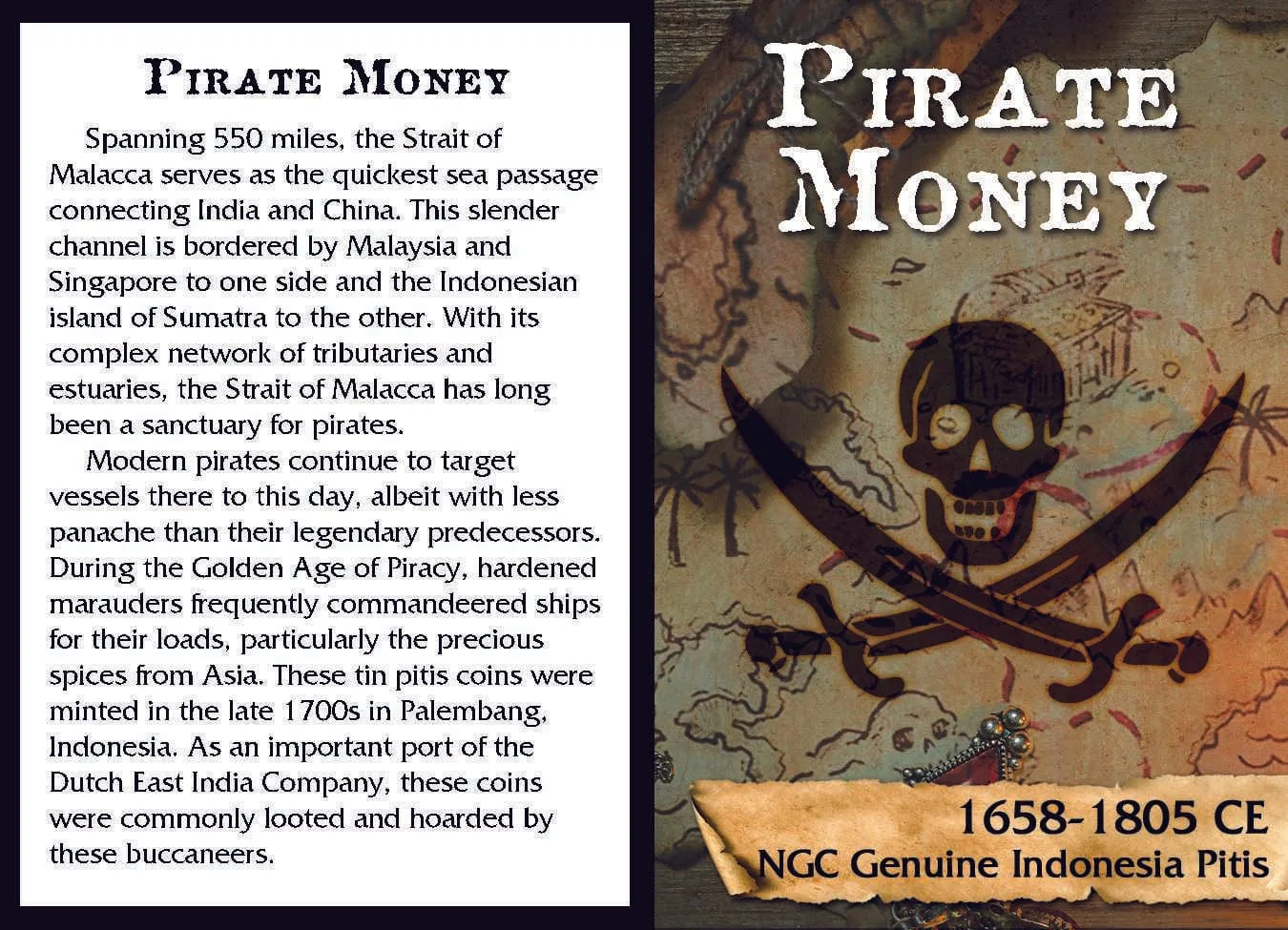 Pirate Money story card, a skull and crossed cutlasses over a treasure map beside a panel on the Strait of Malacca