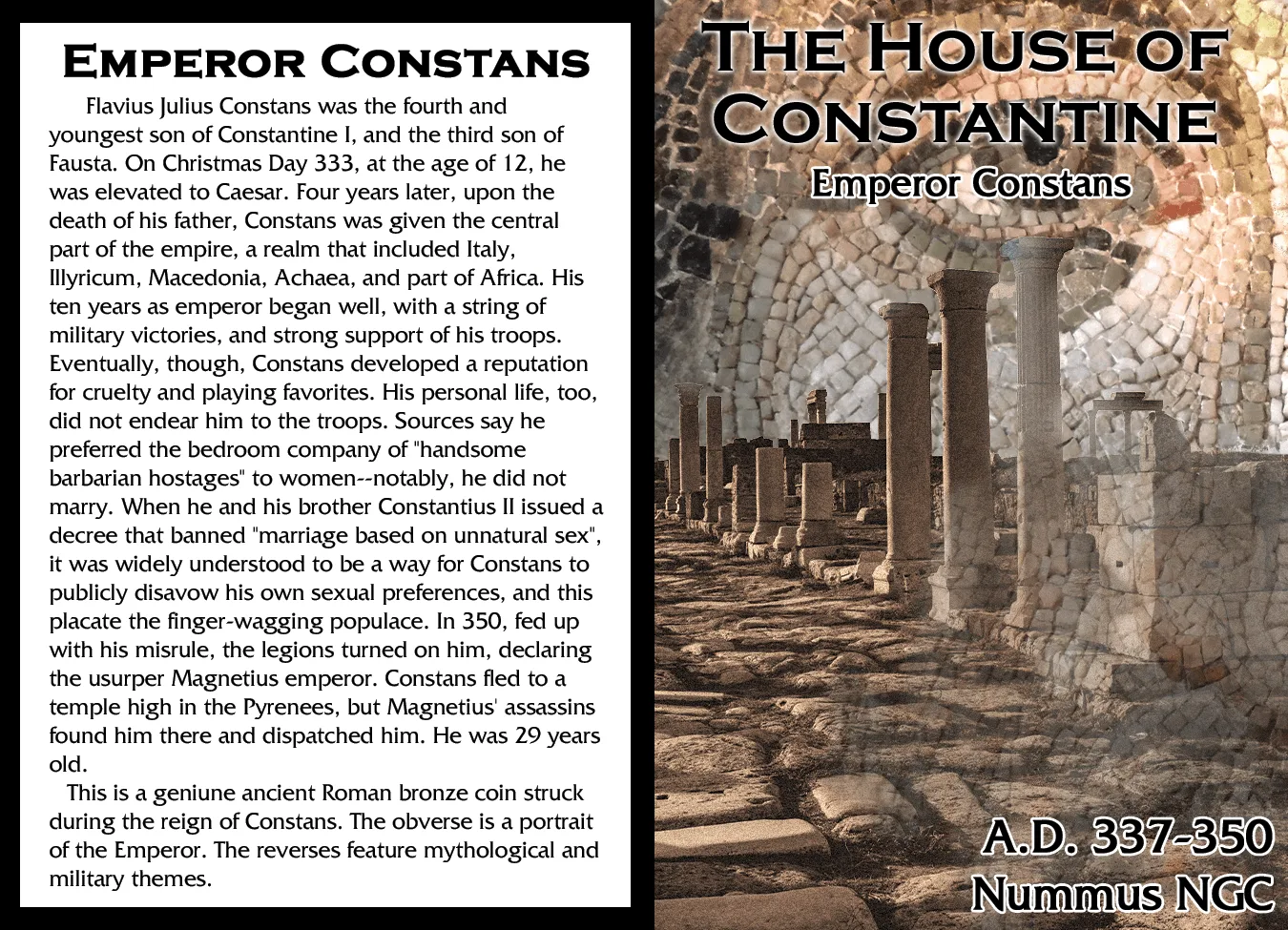 House of Constantine story card pairing a sunlit Roman colonnade with a short life of Emperor Constans