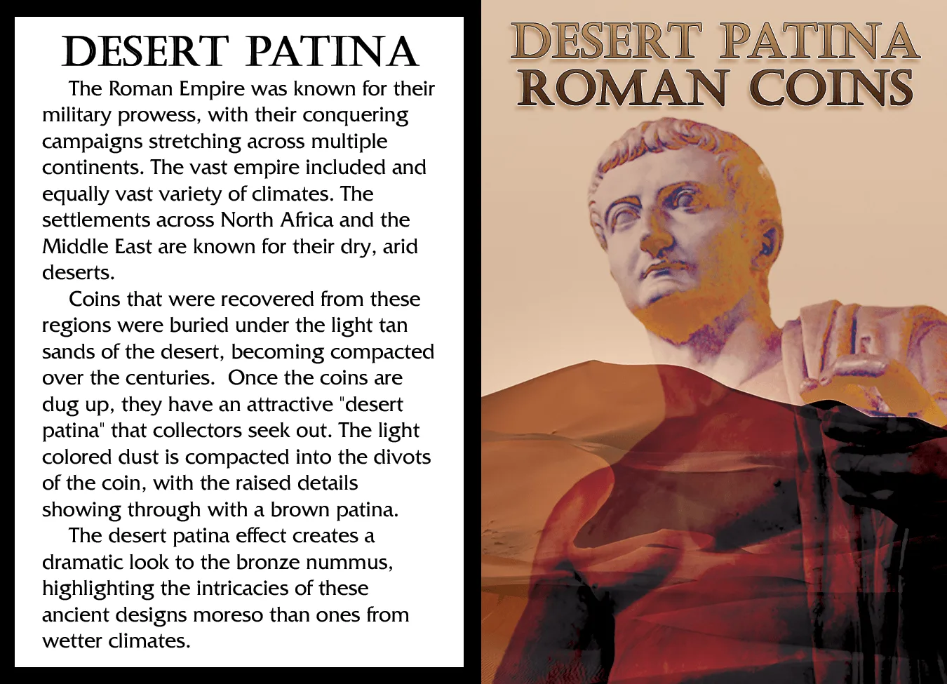 Desert Patina card opened flat, the duotone emperor bust rising from desert dunes beside the explanatory panel