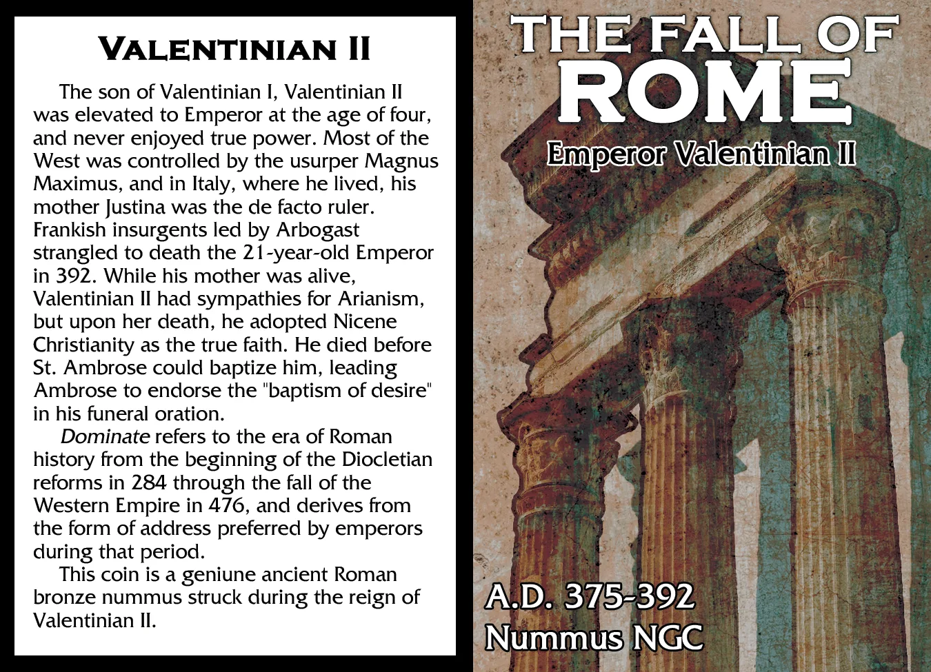 Fall of Rome story card, weathered temple columns in teal and terracotta beside a note on Valentinian II
