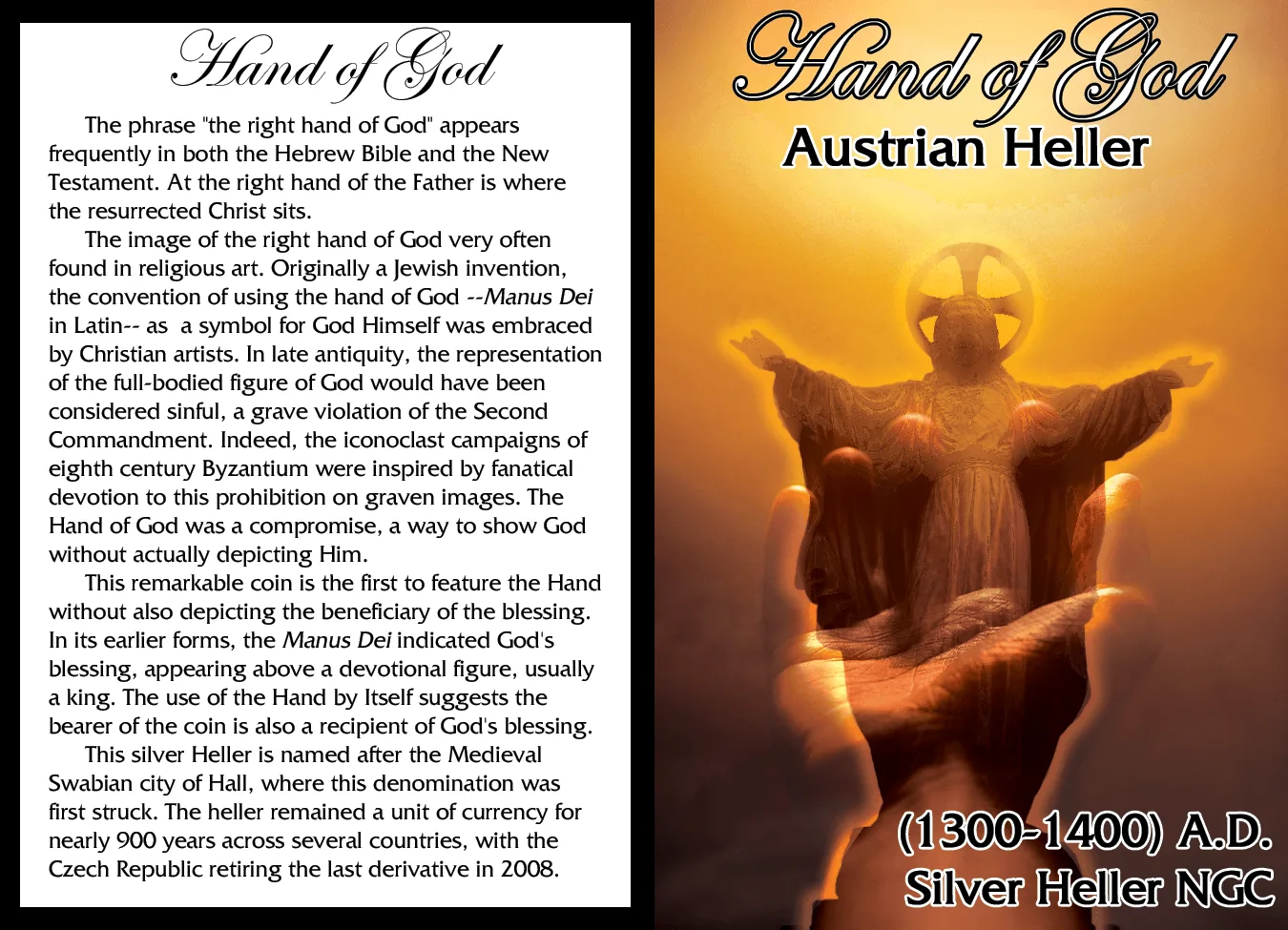 Hand of God story card, a gilded figure cupped in an open palm beside a panel on the Manus Dei motif