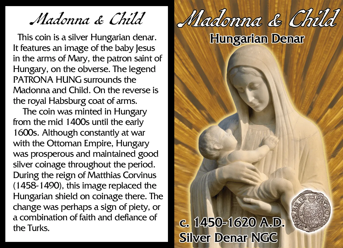 Madonna and Child story card, a marble sculpture against golden rays with the coin inset at the corner