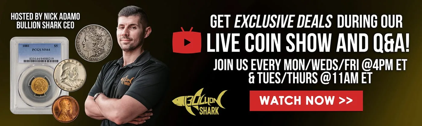 Live-show banner, the company's host photographed beside slabbed and loose coins with the broadcast schedule and a watch-now button