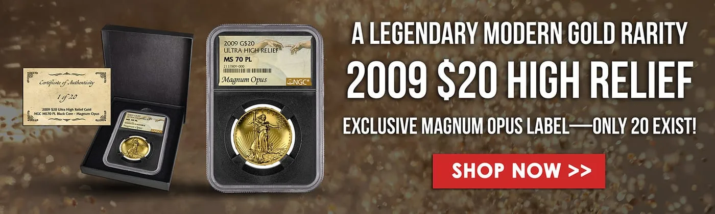 Gold rarity banner pairing a slabbed high-relief double eagle with its presentation box and numbered certificate on a gold bokeh field
