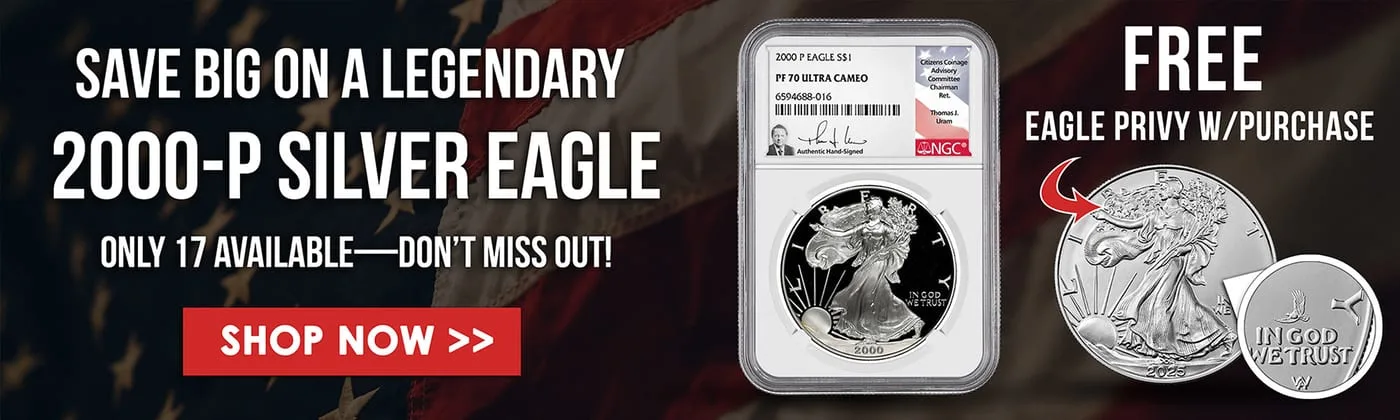 Hand-signed proof eagle banner over a furled flag, with an arrow flagging a free privy-mark coin with purchase