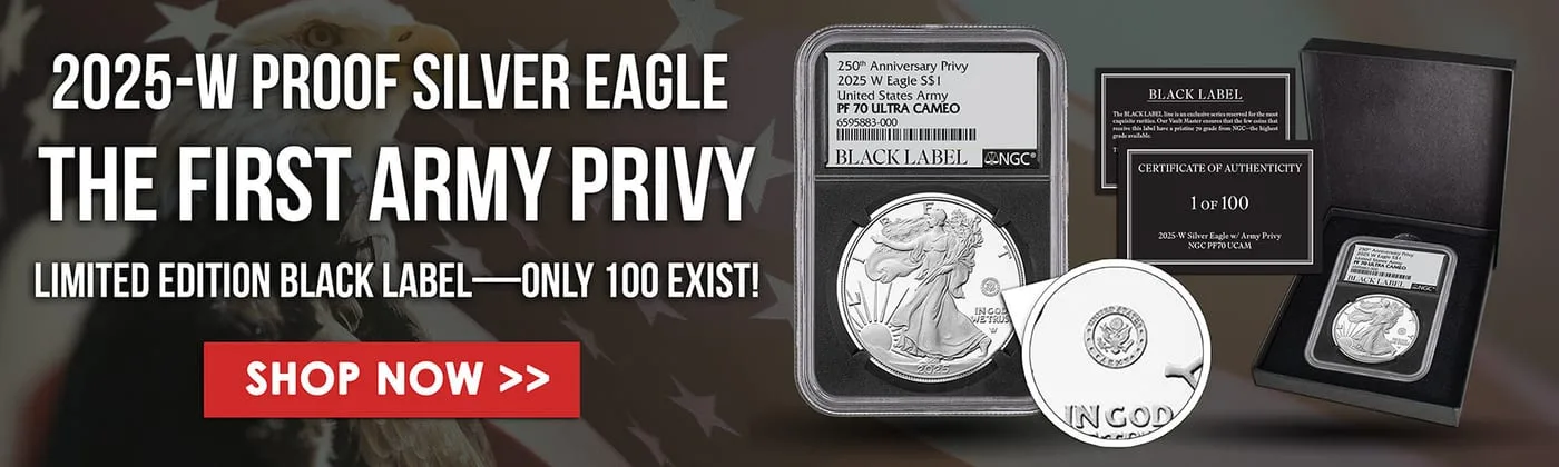 Black-label proof eagle banner showing the slab, a close-up of the privy mark and the boxed set, over a bald eagle