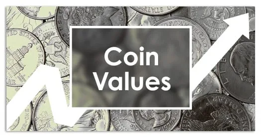 Small Coin Values tile, white type boxed over desaturated scattered coins and a rising arrow