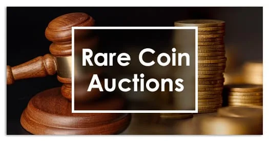 Rare Coin Auctions tile, white type boxed over a gavel and stacked gold coins