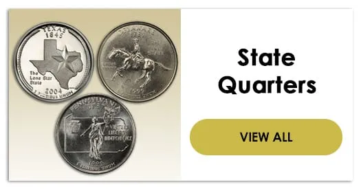 State Quarters category banner, three quarters on a cream panel beside a gold view-all button