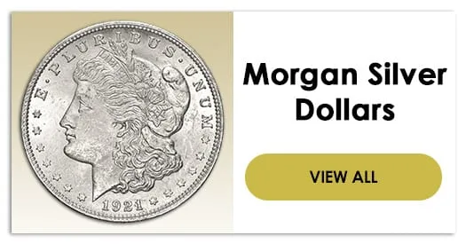 Morgan Silver Dollars category banner, a Morgan obverse on cream beside a gold view-all button
