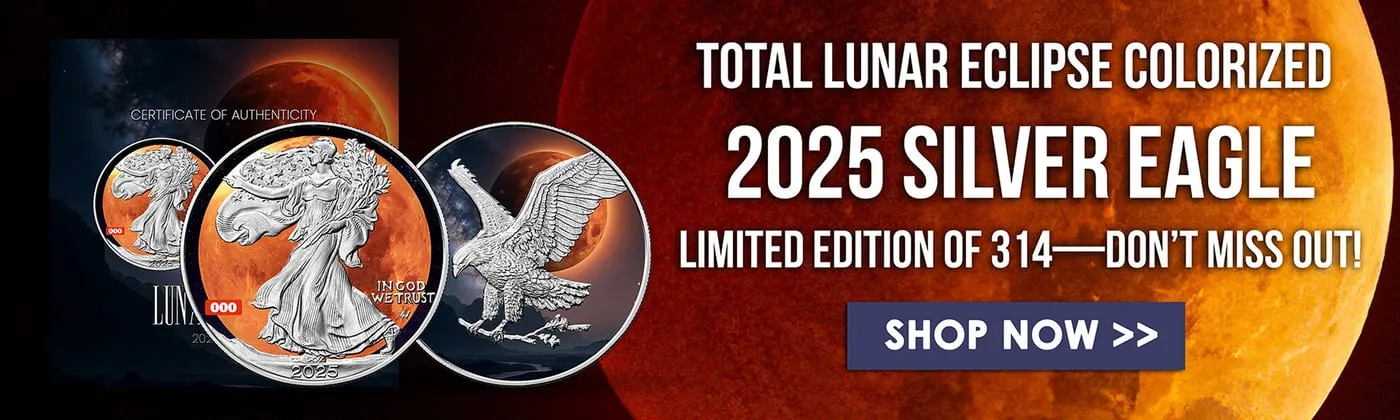Lunar eclipse banner, the colorized eagle obverse and reverse against a blood-moon photograph with its certificate card