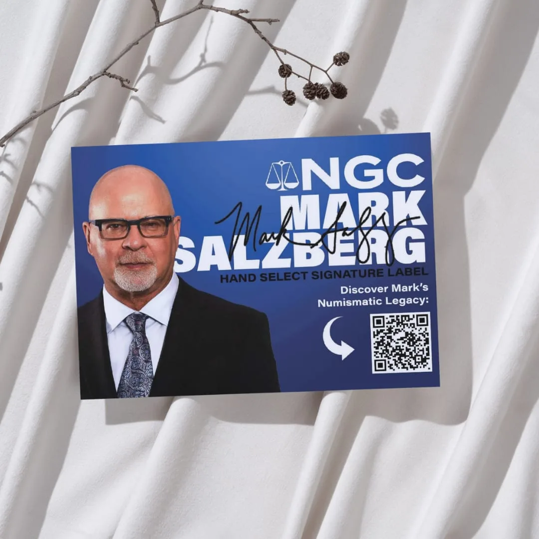 Promotional card for a hand-selected signature label, pairing a portrait and reproduced autograph of the grading service's chairman with a QR code
