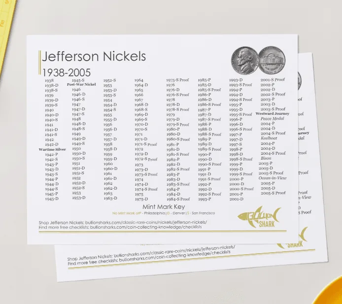 Jefferson Nickel checklist on the same template, a dense run of dates from 1938 to 2005 with variety subheads