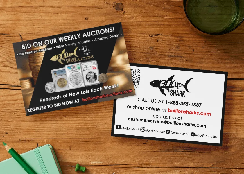 Two-sided weekly auction card, a gavel and fanned slabbed coins on the black face, logo, QR code and social handles on the reverse