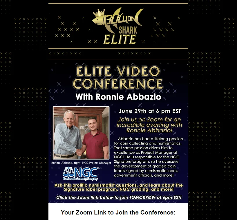 Members-only video conference invitation, the gold Elite logo over a starry field above the event details and a photo of the host with his guest
