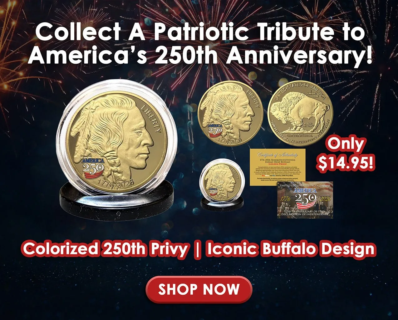 Semiquincentennial email, a golden buffalo proof shown at three sizes with its certificate and anniversary card against fireworks