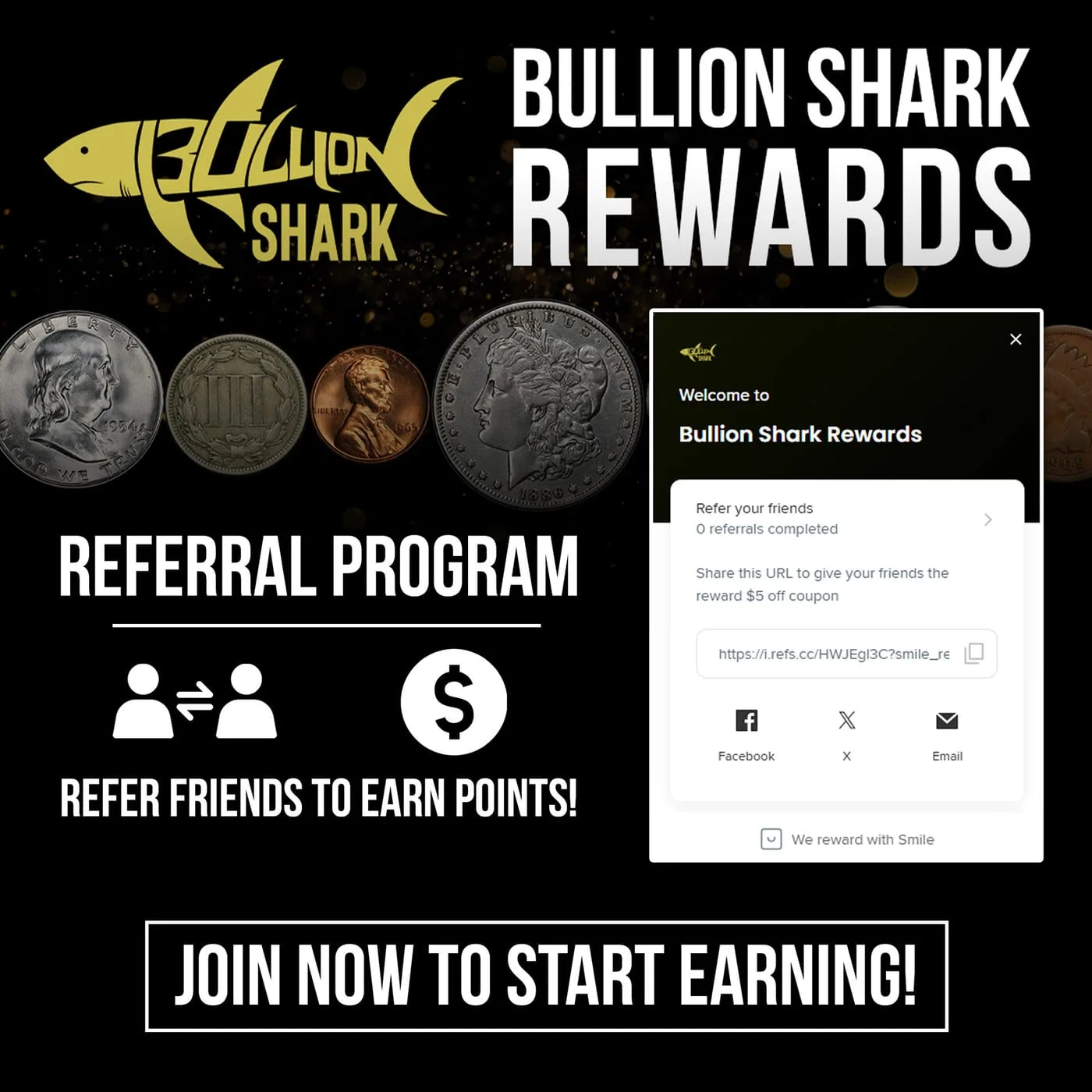 Rewards programme email, a row of classic coins beside a screenshot of the referral panel and a join-now button