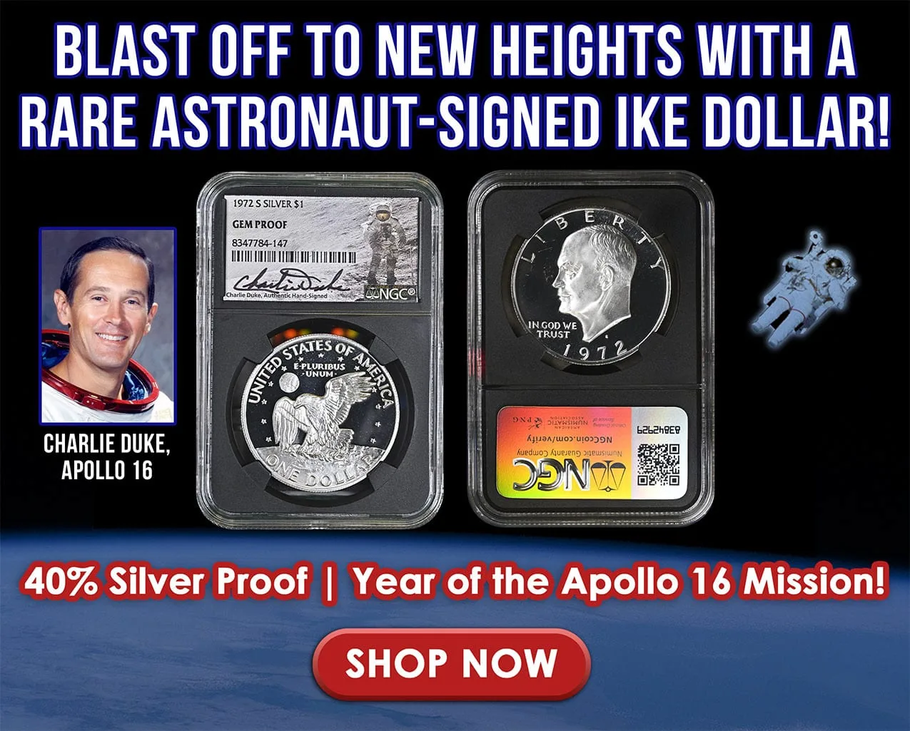 Astronaut-signed dollar email, the signed slab and coin reverse beside a mission portrait, set against Earth from orbit