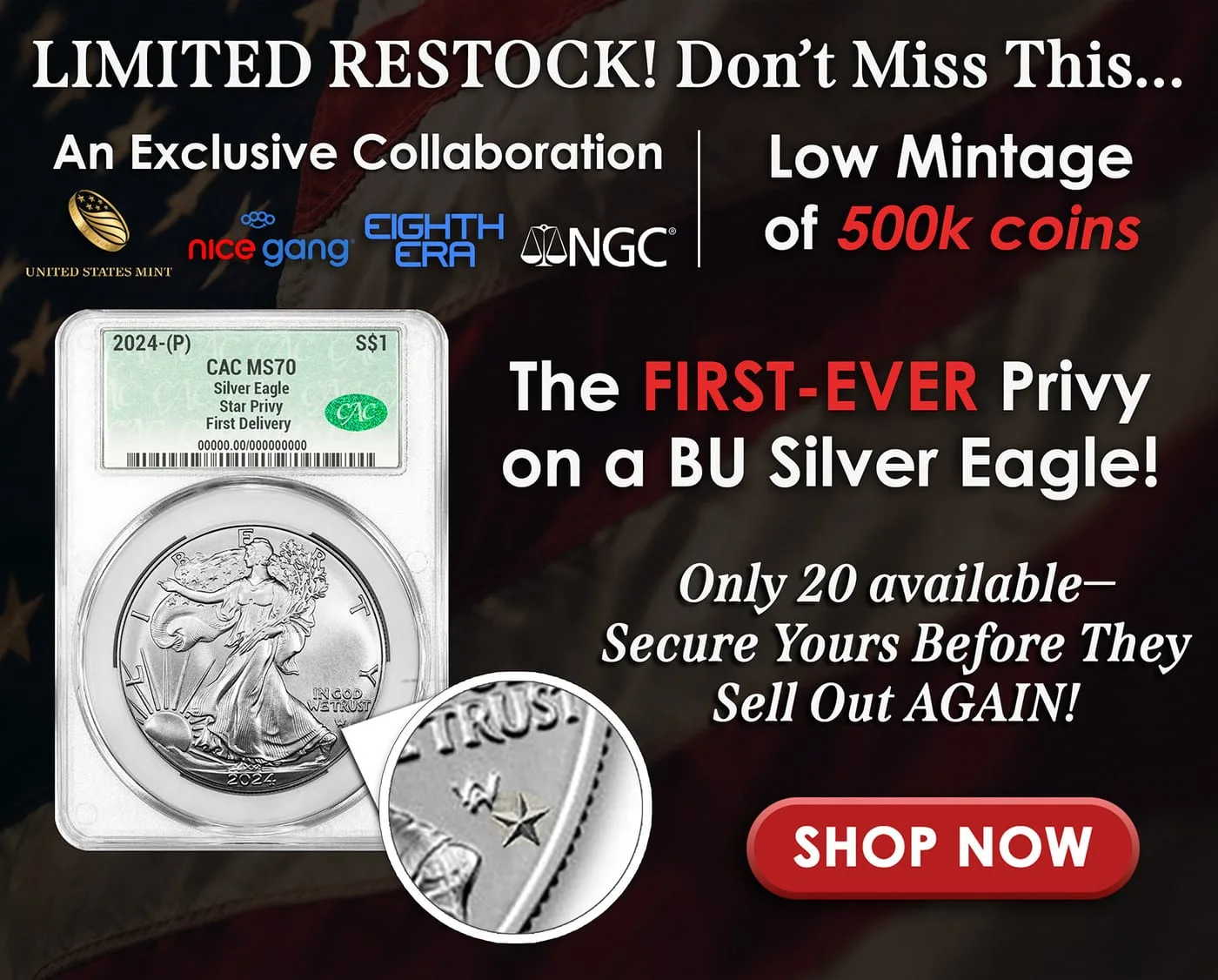 Limited restock email, a green-label slab beside a magnified circle isolating the star privy mark, with partner logos across the top