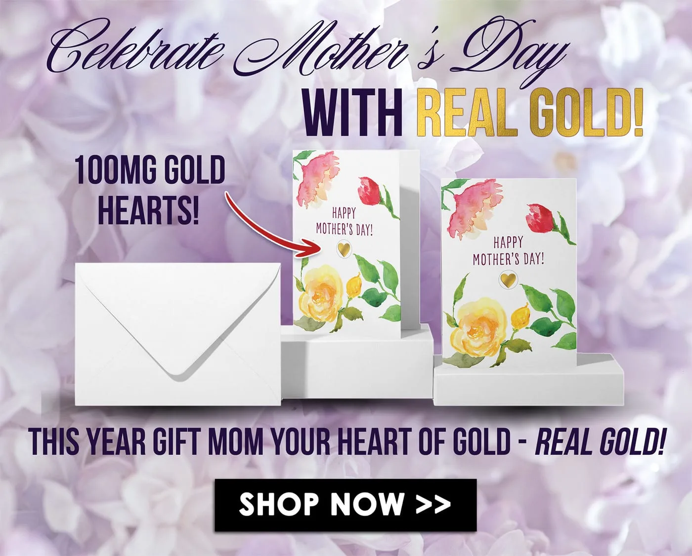 Mother's Day email, the watercolour rose cards raised on white plinths against lilac blossom, flagging the gold hearts