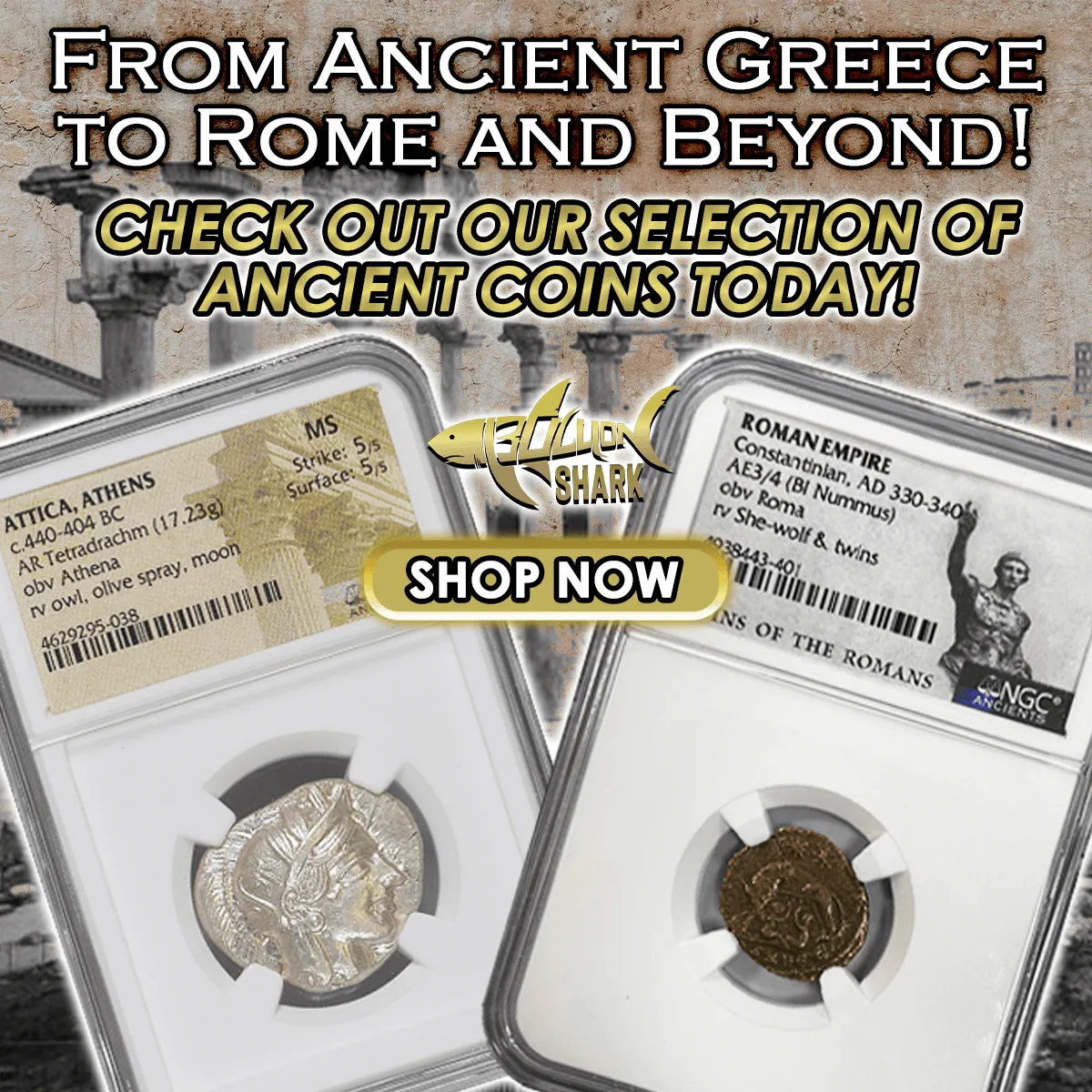 Square cut of the ancient coins ad, the two slabs flanking the logo and a gold shop-now button